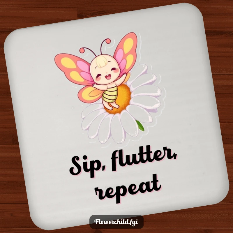 Funny drink coasters featuring a joyful butterfly with colorful wings dancing around a giant, cheerful daisy.
