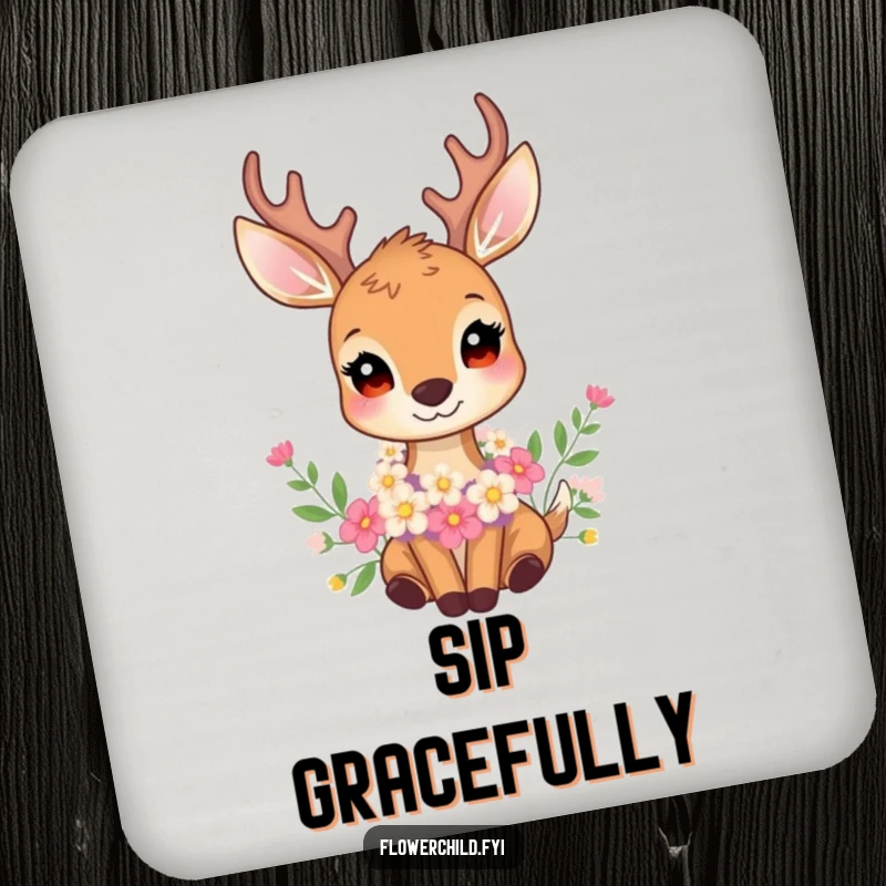 Funny drink coaster with a gentle deer wearing a flower garland, offering elegant protection for surfaces.