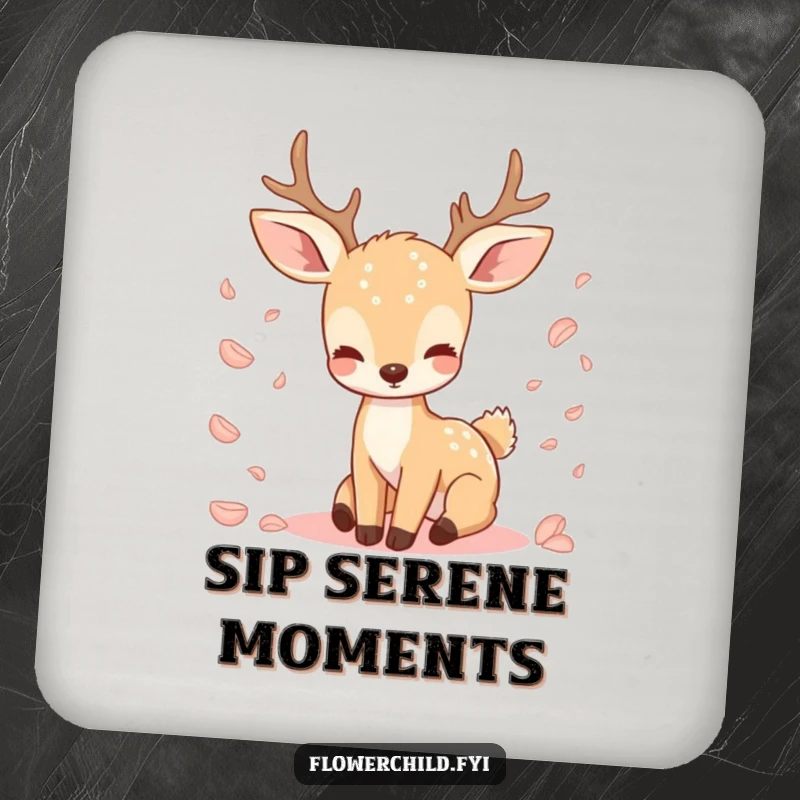 Funny drink coasters with a serene deer and falling flower petals, adding a touch of nature and protection.