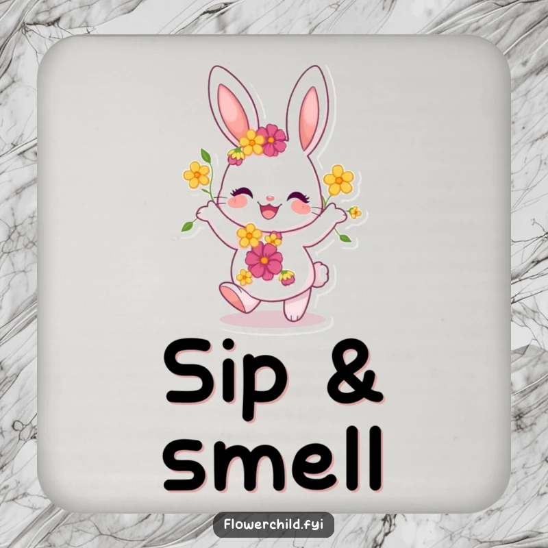Funny Bunny Coaster: A joyful bunny with flowers dances playfully, adding whimsical charm and surface protection.