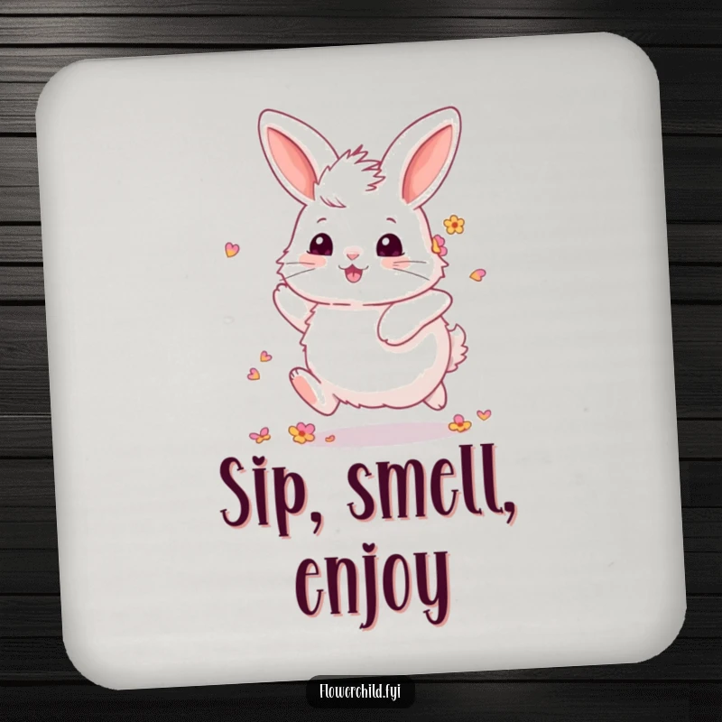 Funny Fluffy Bunny Flower Coaster: A coaster featuring a funny image of a fluffy bunny with petals in its fur, skipping joyfully.