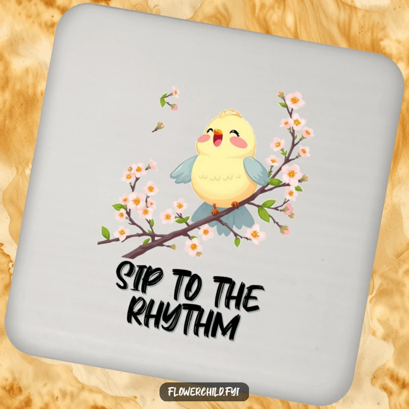 Funny coasters featuring a joyful bird singing among blossoming branches, protecting surfaces with cheerful artistic flair.