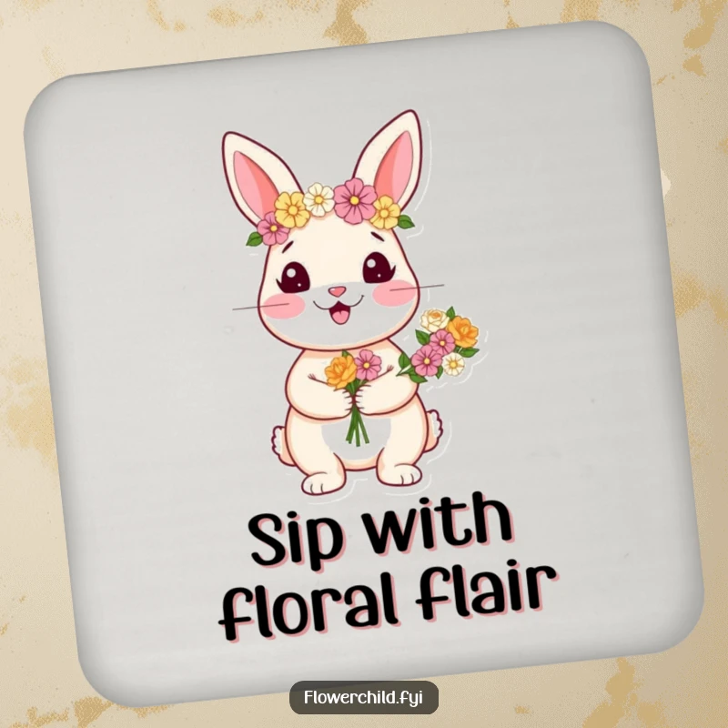 Funny drink coasters featuring a happy rabbit character wearing a flower crown and holding a bouquet.