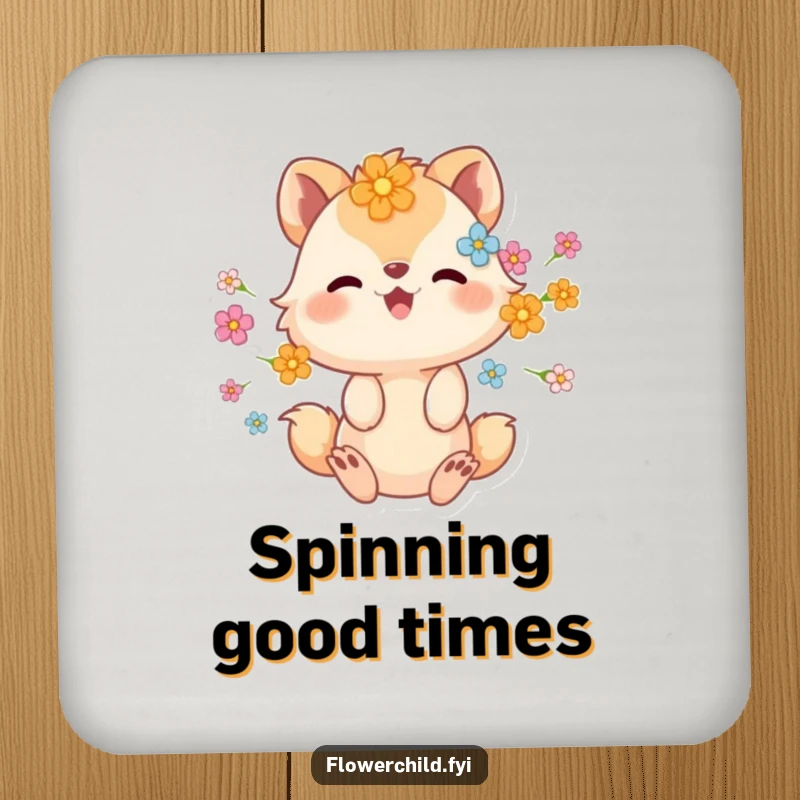 Funny drink coasters with an animal character adorned with flowers, spinning happily, protecting furniture with humor.