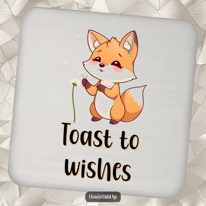 Funny Coaster featuring a playful fox smiling, blowing dandelion seeds into the wind, protecting surfaces.
