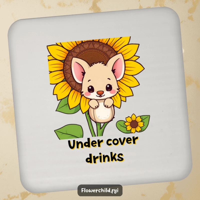 Funny shy animal character hiding behind a sunflower, depicted on a drink coaster for surface protection.