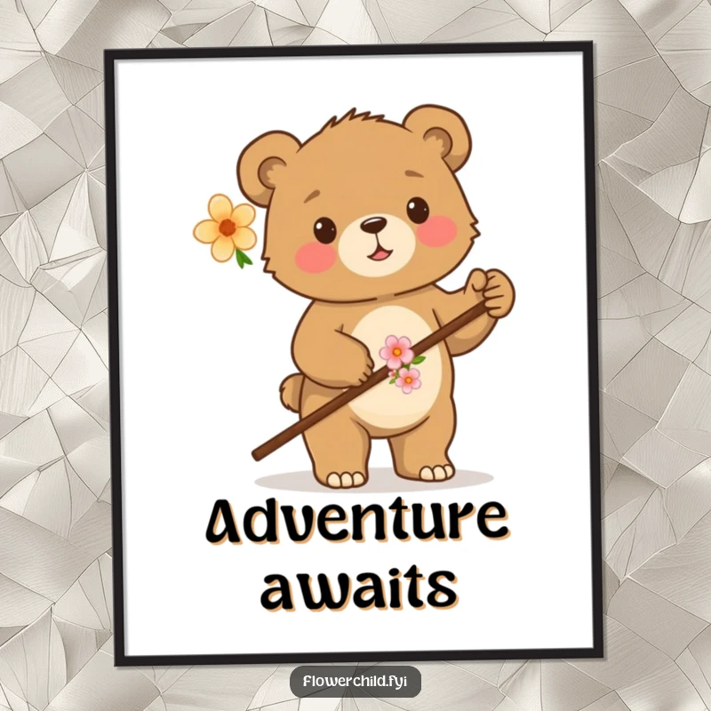 Funny art poster of a proud bear cub holding a flower-adorned walking stick, evoking a sense of woodland adventure and charm.