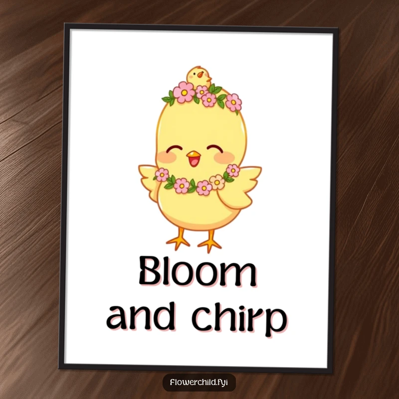 Funny Poster showcasing a happy chick wearing a tiny flower garland, chirping joyfully, perfect wall art.