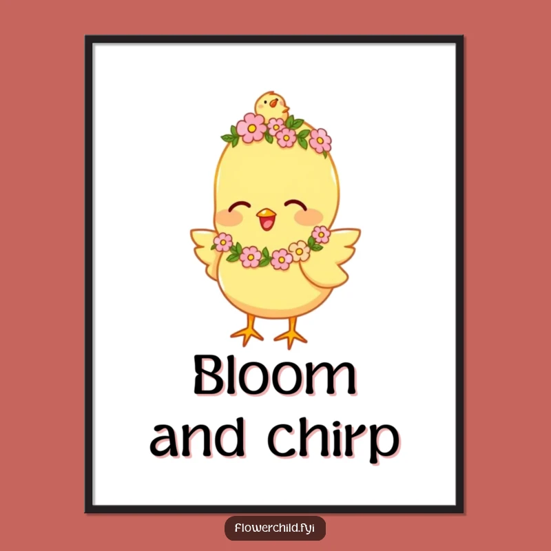 Funny Happy Chick Flower Garland Poster: Joyful Chirping Art Print, Charming Funny Gift