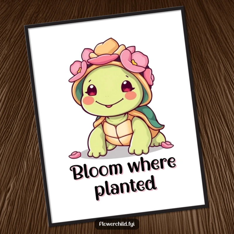 Funny smiling turtle character wearing a shell adorned with colorful petals, perfect for humorous wall art.