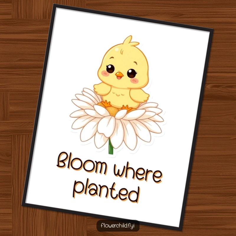Funny poster art of a cheerful chick sitting on a large daisy, bringing a touch of springtime joy indoors.