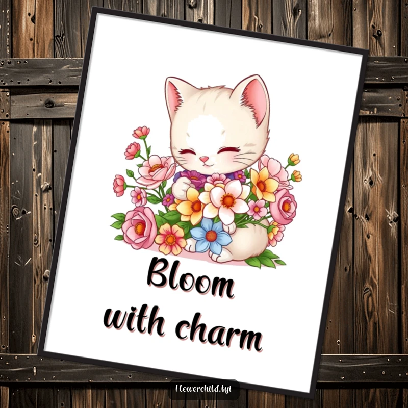 Funny Kitten Poster: A charming kitten meticulously arranges a vibrant bouquet, creating a sweet and heartwarming piece of floral art.