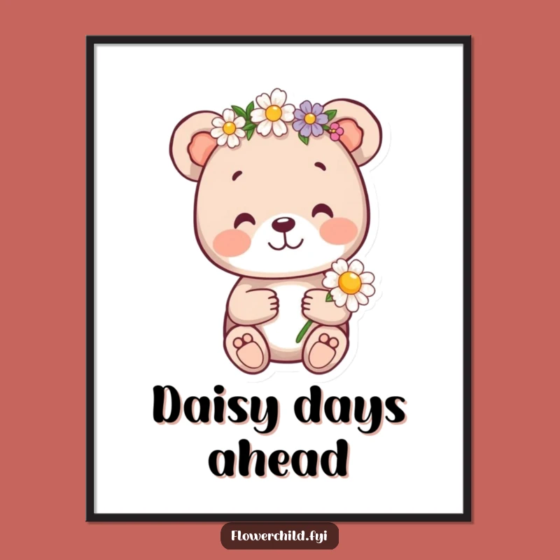 Funny Bear Cub Flower Crown Poster - Whimsical Wall Art Gift