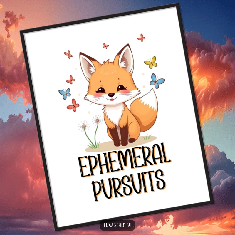Funny fox butterfly poster print, a playful fox with dandelions in its fur chasing colorful butterflies.