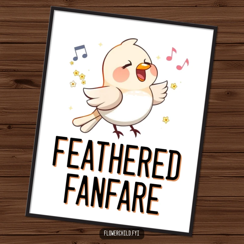 Funny Singing Bird Flower Wings Poster: An illustration of a happy bird with small flowers on its wings singing a cheerful melody.