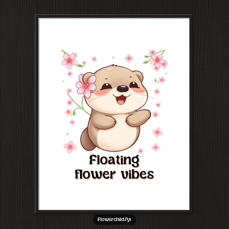 Funny otter poster illustrating a happy otter with a flower behind its ear, floating peacefully amidst scattered petals.