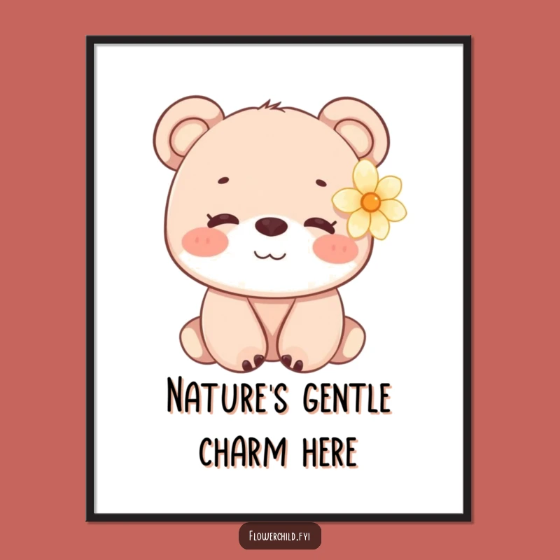 Funny Bear Cub Flower Poster - Gentle Wall Art Gift