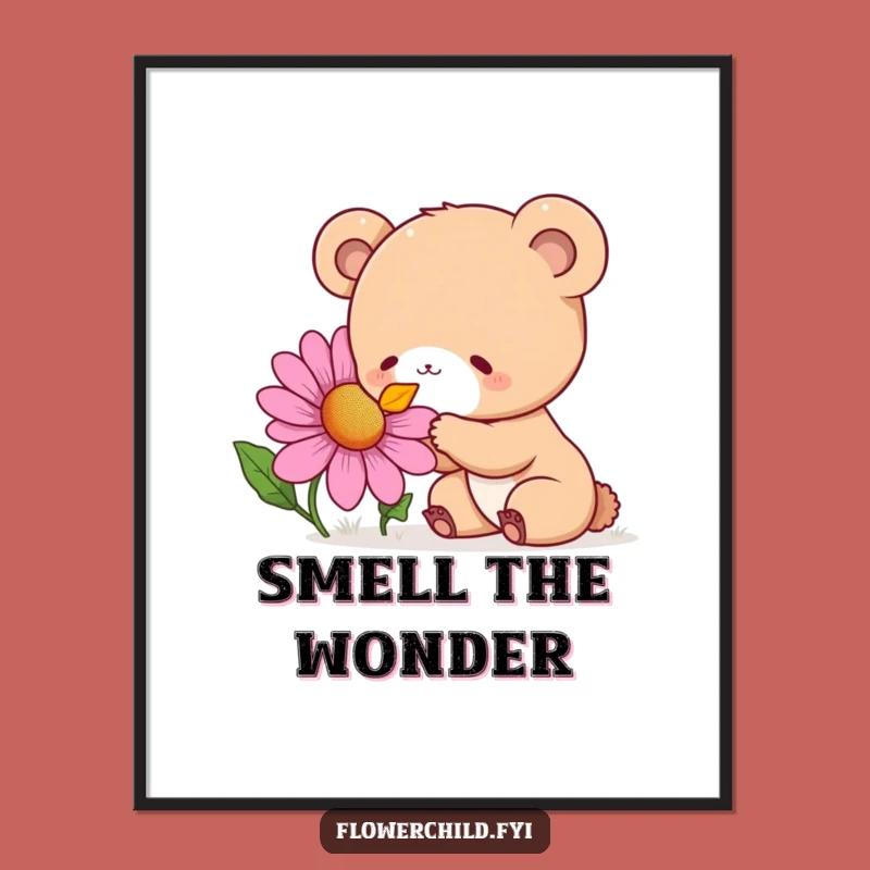 Funny Bear Cub Flower Sniffing Poster: Curious Delight Art Print, Charming Funny Gift