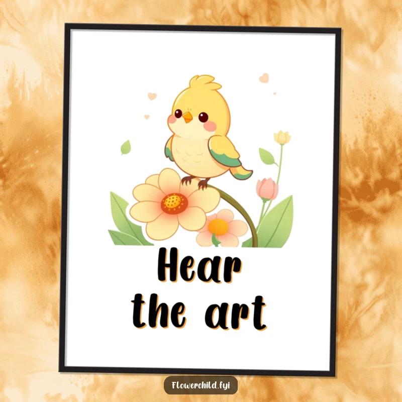 Funny happy bird character perching on a singing flower, vibrant wall art, perfect for a humorous gift.