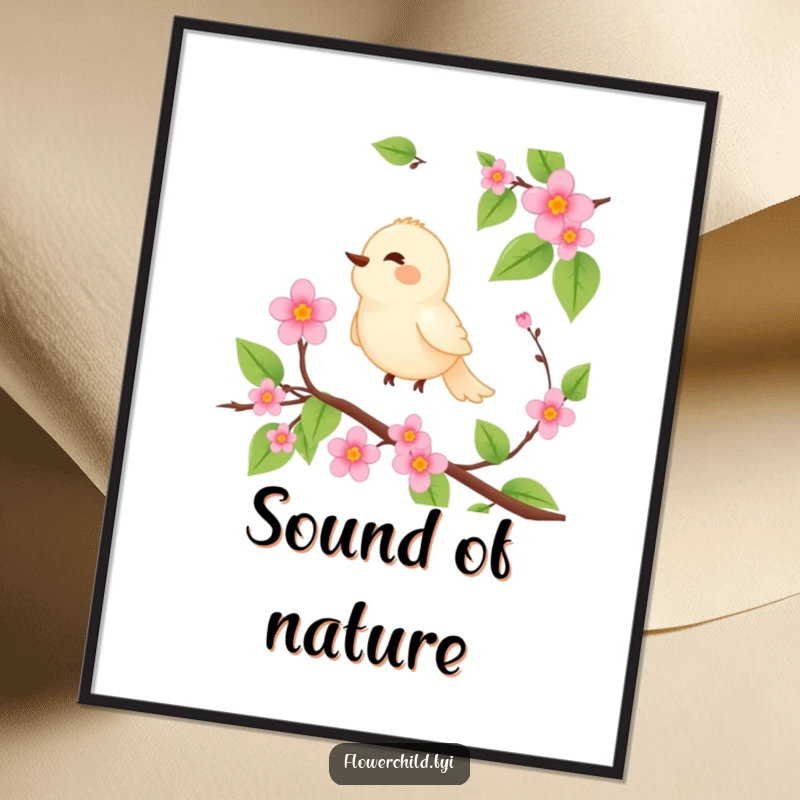 Funny poster print of a serene bird perched on a blooming vine, singing joyfully.