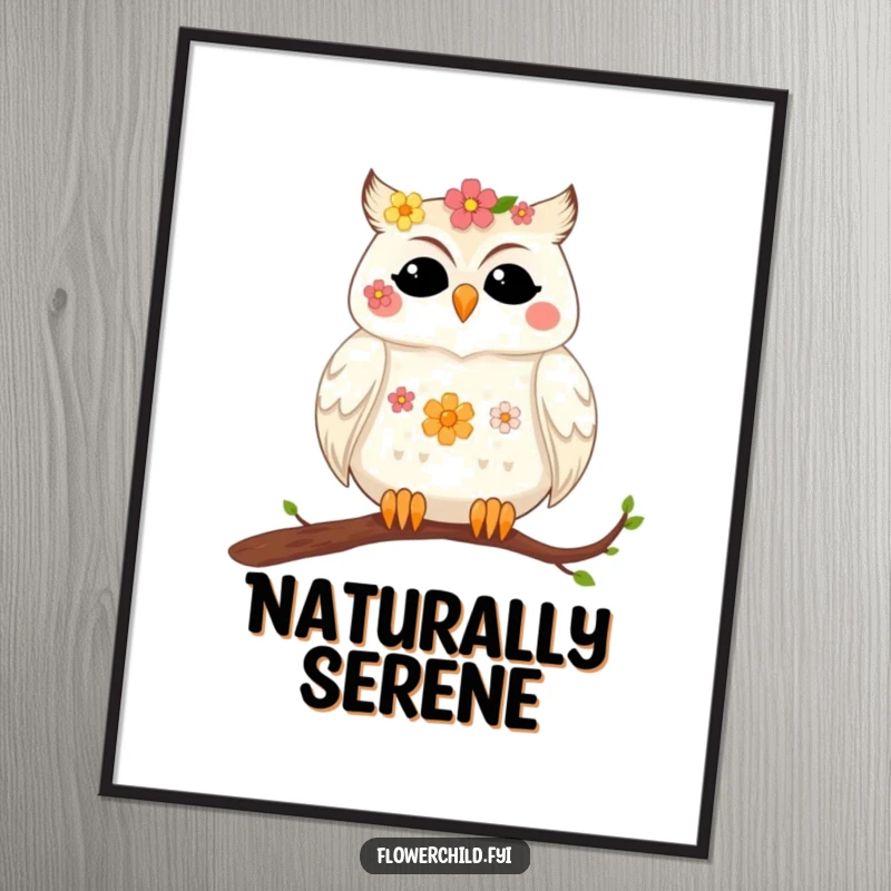 Funny poster print of a contented owl with flowers in its feathers resting on a branch, a serene and beautiful image.