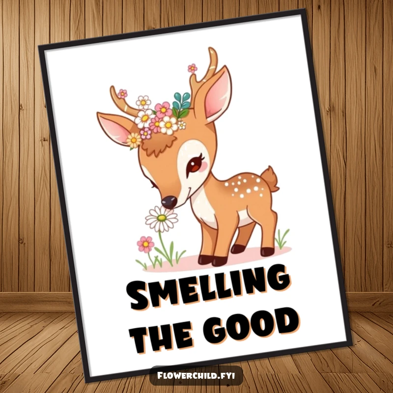 Funny curious deer poster, with flowers in antlers, sniffing a daisy, serene and beautiful wall art, perfect funny gift.