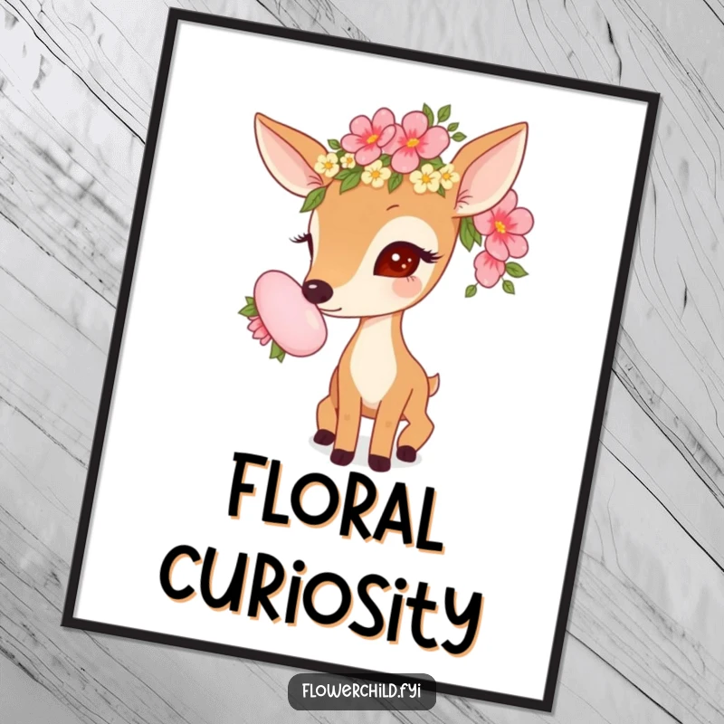 Funny poster of a curious deer with a flower garland on its head, sniffing a large, colorful flower bloom.
