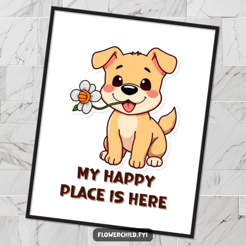 Funny Dog Flower Poster: Wall art of a playful dog holding a flower in its mouth, tail wagging.