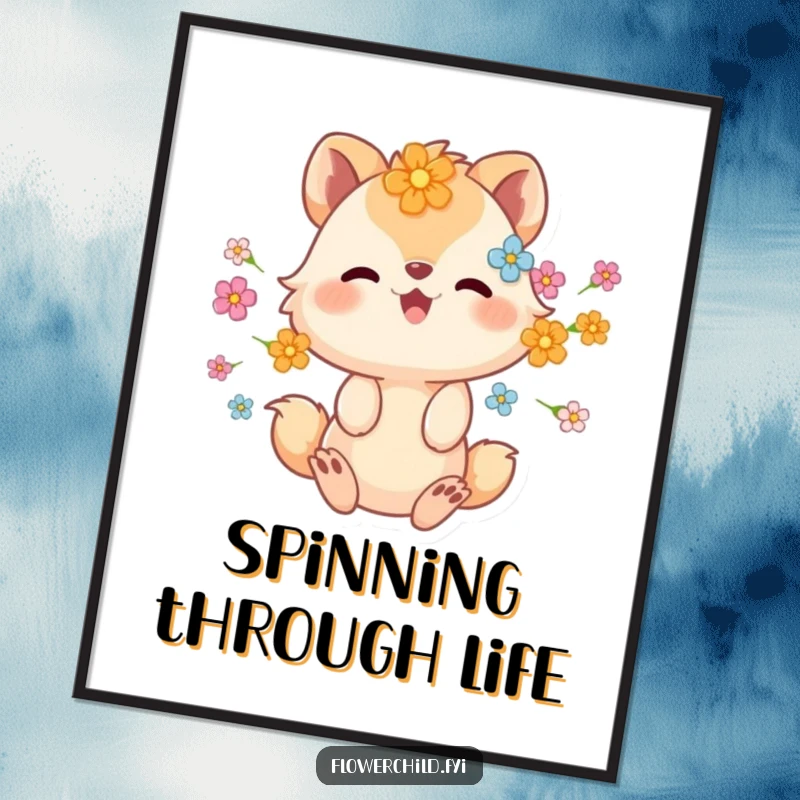 Funny poster print of an animal character with flowers in its fur, spinning joyfully, radiating pure happiness.