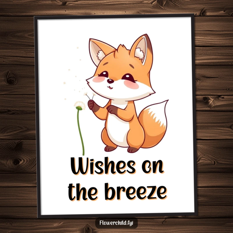 Funny Poster showcasing a playful fox with a smile, blowing dandelion seeds into the wind, perfect wall art.