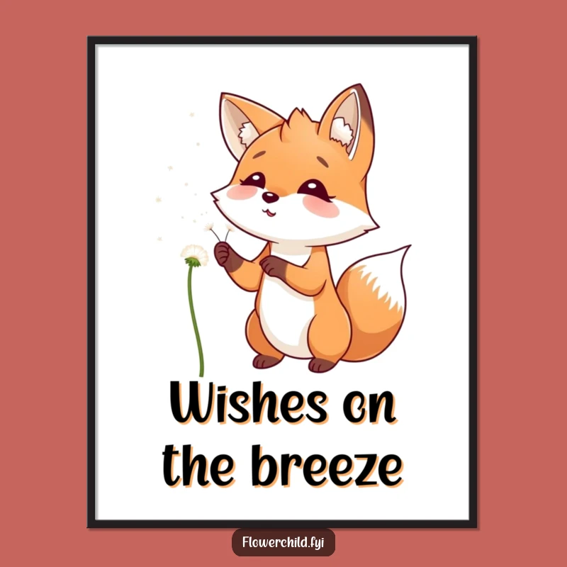 Funny Fox Dandelion Wish Poster: Playful Blowing Art Print, Charming Funny Gift