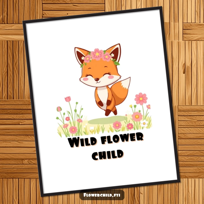 Funny Fox Flower Crown Poster: A delightful illustration of a cheerful fox wearing a flower crown as it happily skips through a lush meadow.
