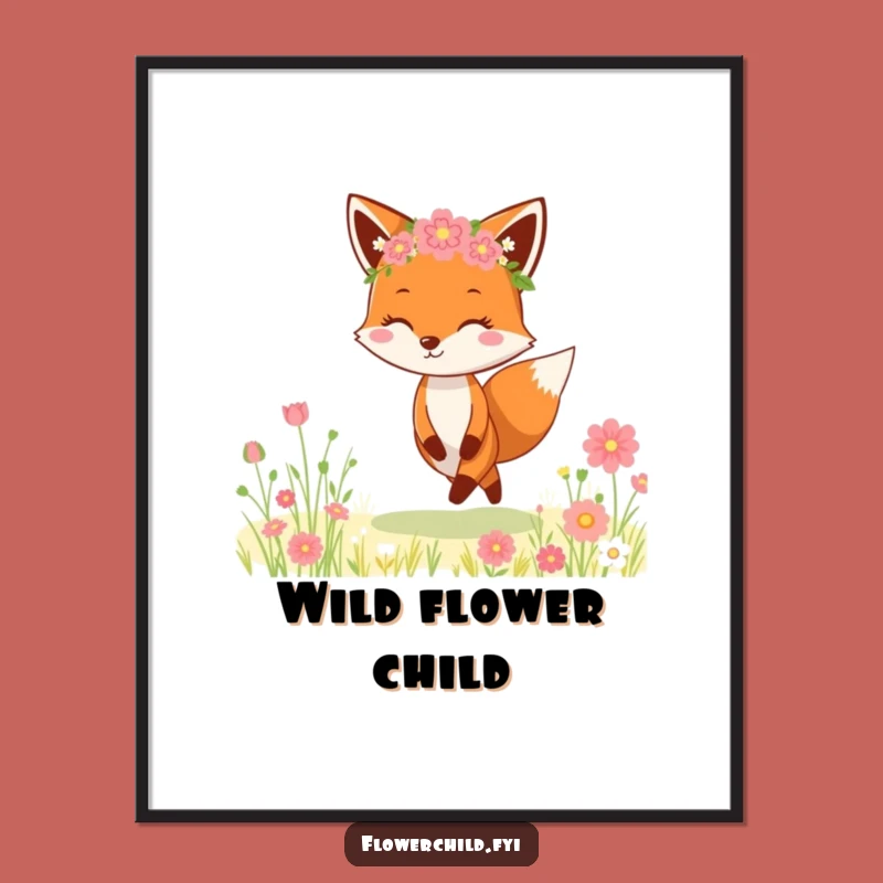 Funny Fox Flower Crown Poster: Cheerful Meadow Skipper Art Print, Whimsical Funny Gift Decor