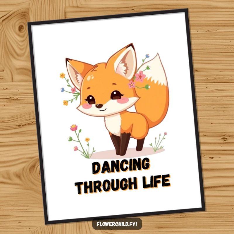 Funny fox poster, with wildflowers behind its ear, dancing playfully, vibrant and cheerful wall art, perfect funny gift.