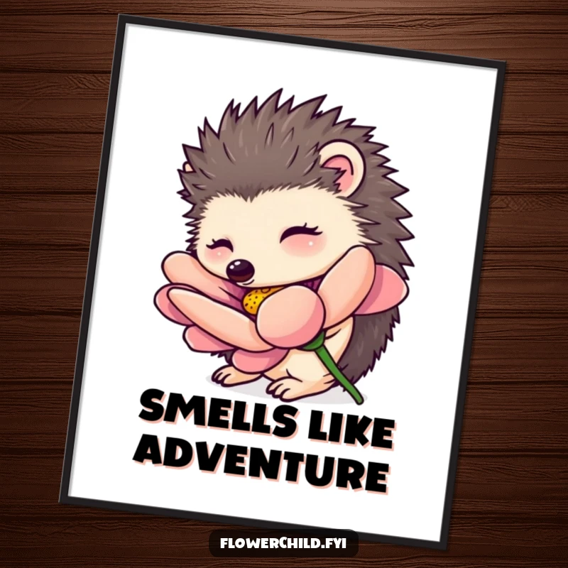 Funny hedgehog poster, a curious hedgehog character smelling a vibrant oversized flower, charming and nature-inspired wall art.
