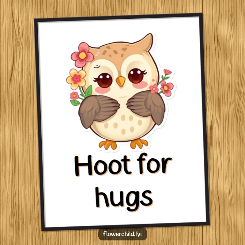 Whimsical owl with flowers in its feathers offering a warm hug, presented as a serene and lovely wall art.
