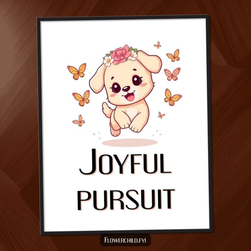 Funny Puppy Poster: A playful puppy with a flower crown enthusiastically chases butterflies, perfect for charming and humorous wall decor.