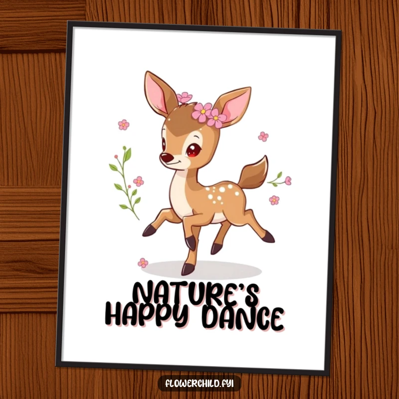 Funny prancing deer poster, a small deer with flowers in its fur, joyfully leaping, adding whimsical and humorous natural beauty.