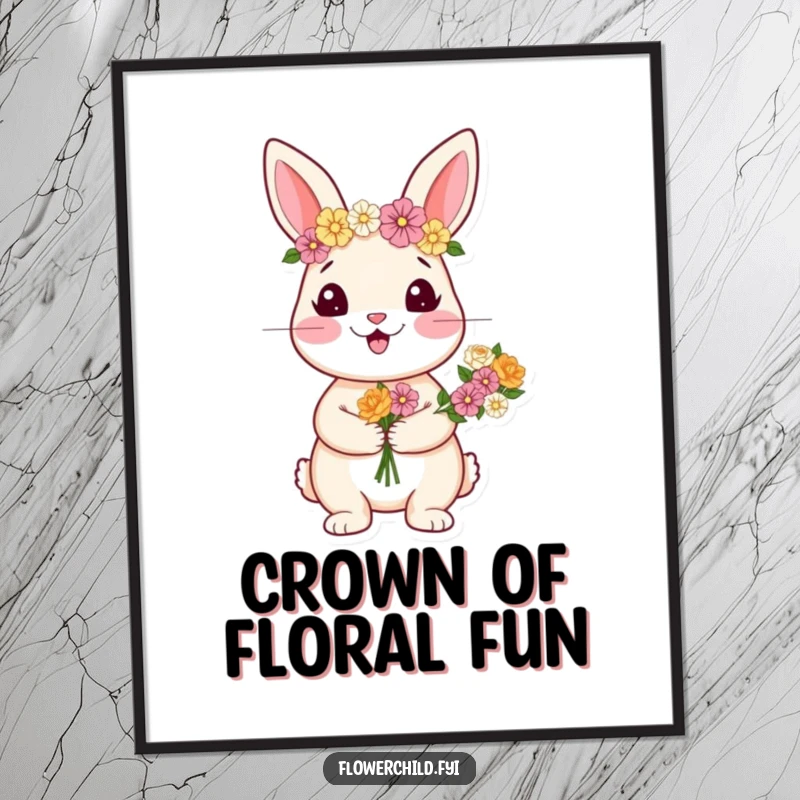 Funny poster print of a happy rabbit wearing a flower crown and holding a beautiful bouquet of flowers.