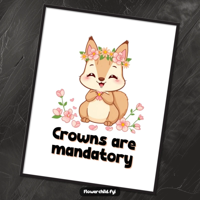 Funny Poster showcasing a cute squirrel wearing a flower crown, happily focused on gathering colorful flower petals, perfect wall art.
