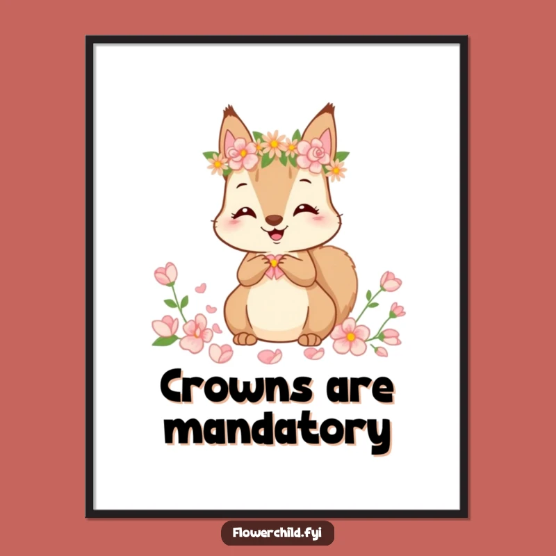 Funny Squirrel Flower Crown Poster: Adorable Petal Gathering Art Print, Charming Funny Gift