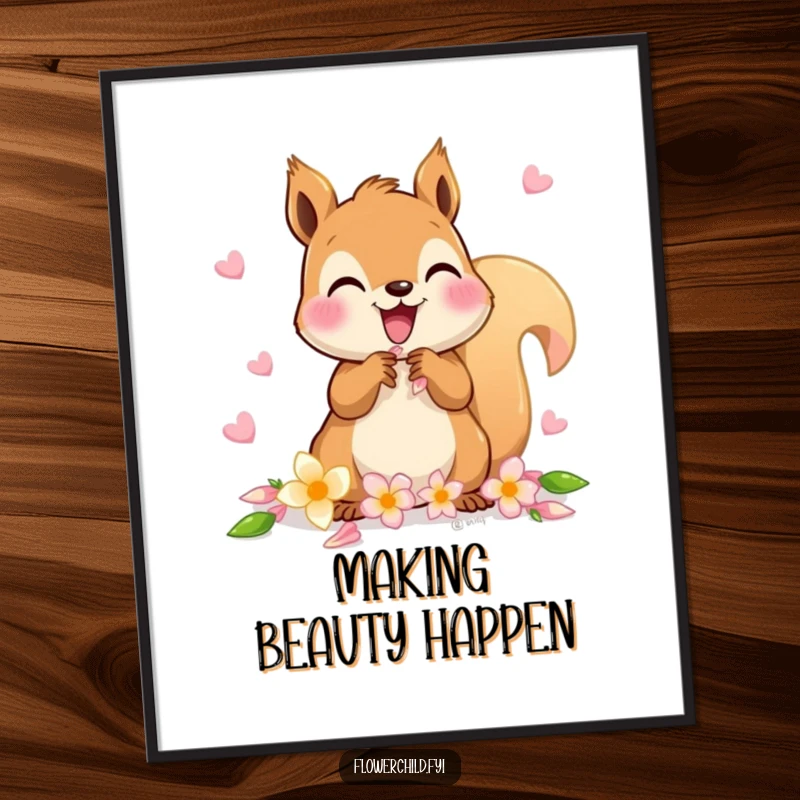 Funny poster print of a delighted squirrel gathering petals to make a flower chain.