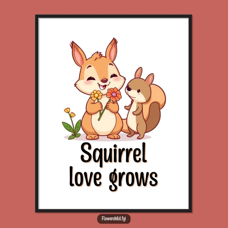 Funny Squirrel Poster: Jovial Flower Offering, Charming Funny Gift Art