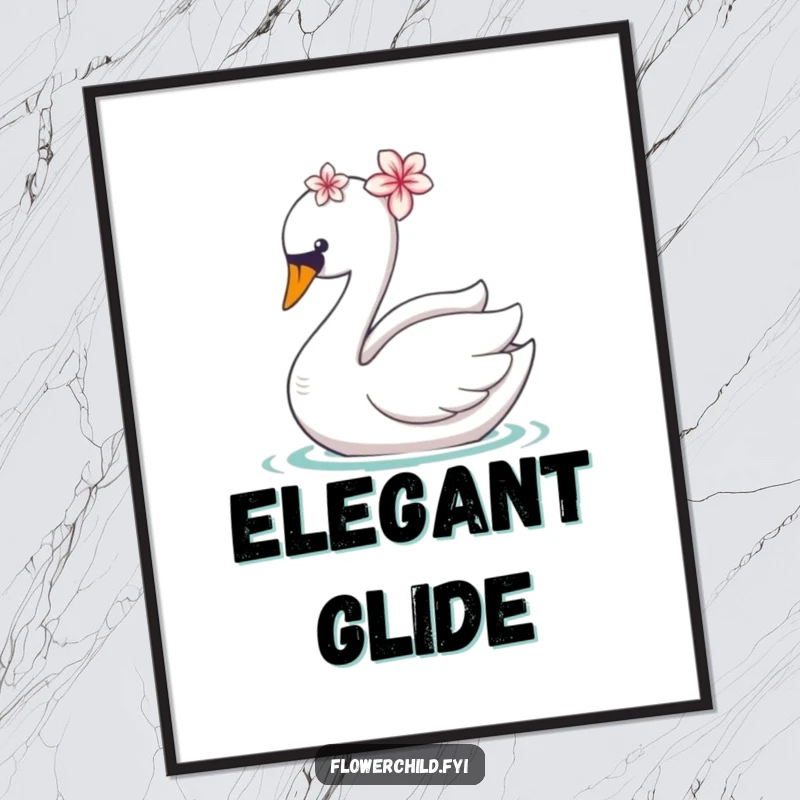 Funny poster print of a graceful swan with a flower on its head, gliding serenely, for charming wall decor.