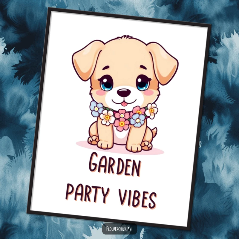 Funny puppy poster, a mischievous puppy character wearing a flower garland as a scarf, adorable and charming wall art.