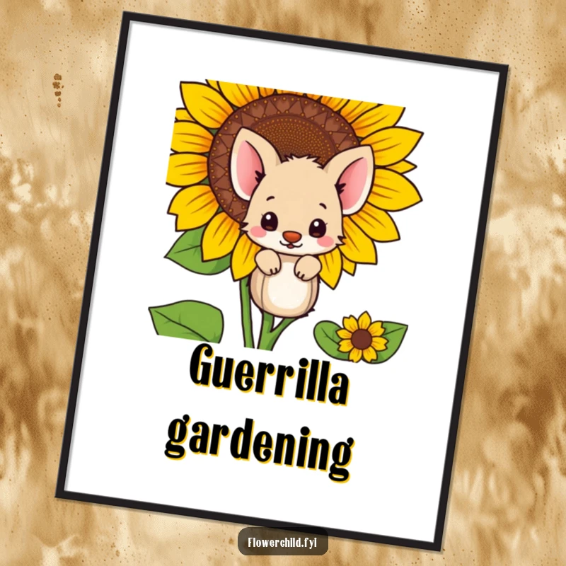 Funny shy animal character hiding behind a large sunflower, presented as a humorous art poster for wall display.