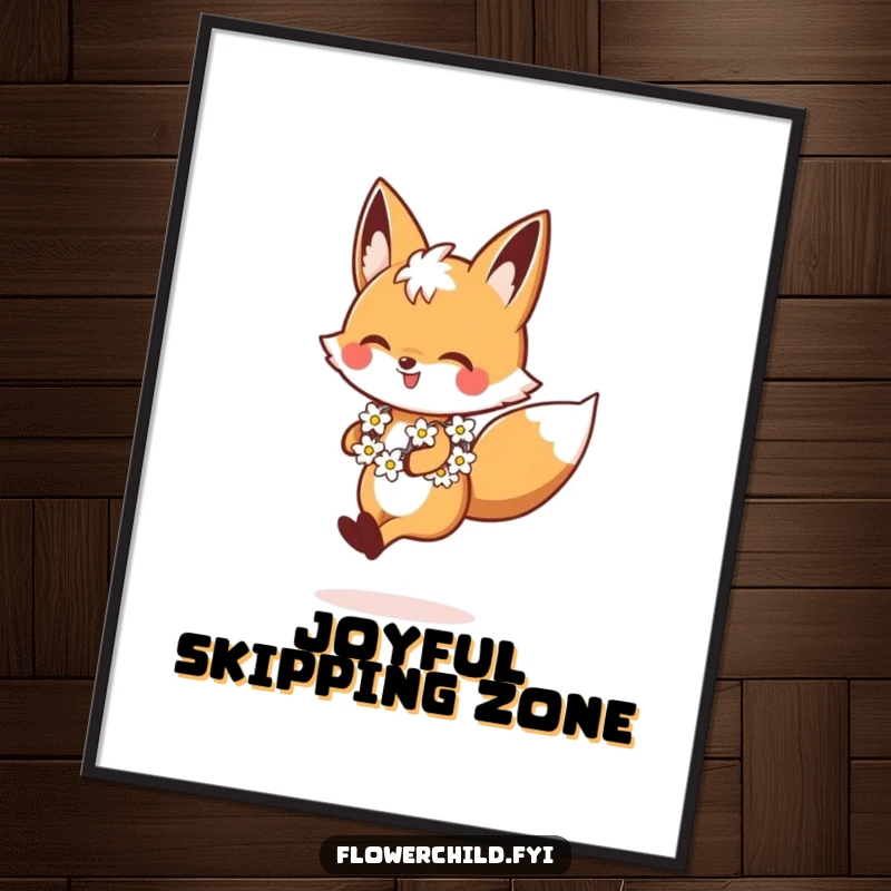Funny Fox Poster, a happy fox wearing a daisy chain, skipping joyfully, adding vibrant energy and charm, a great funny gift.