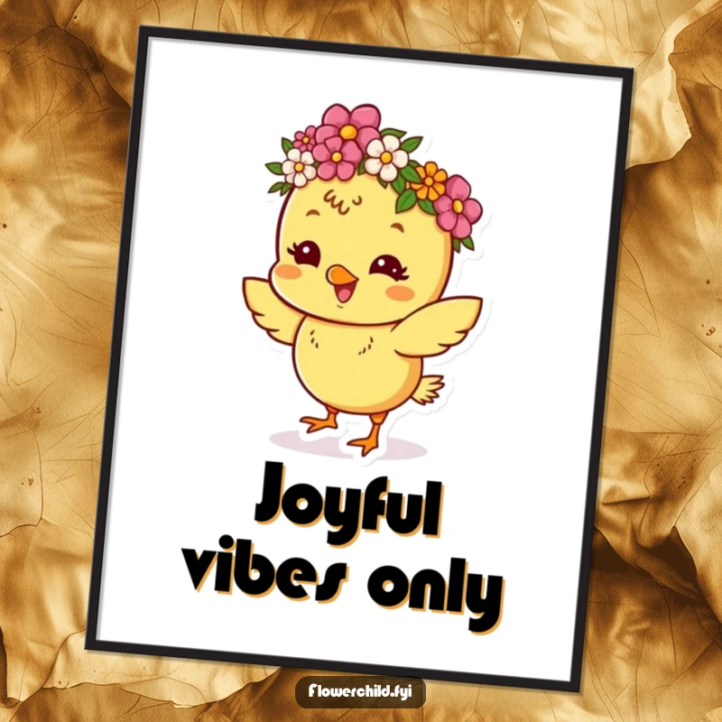 Funny poster illustrating a happy chick in a flower crown, joyfully dancing and celebrating.