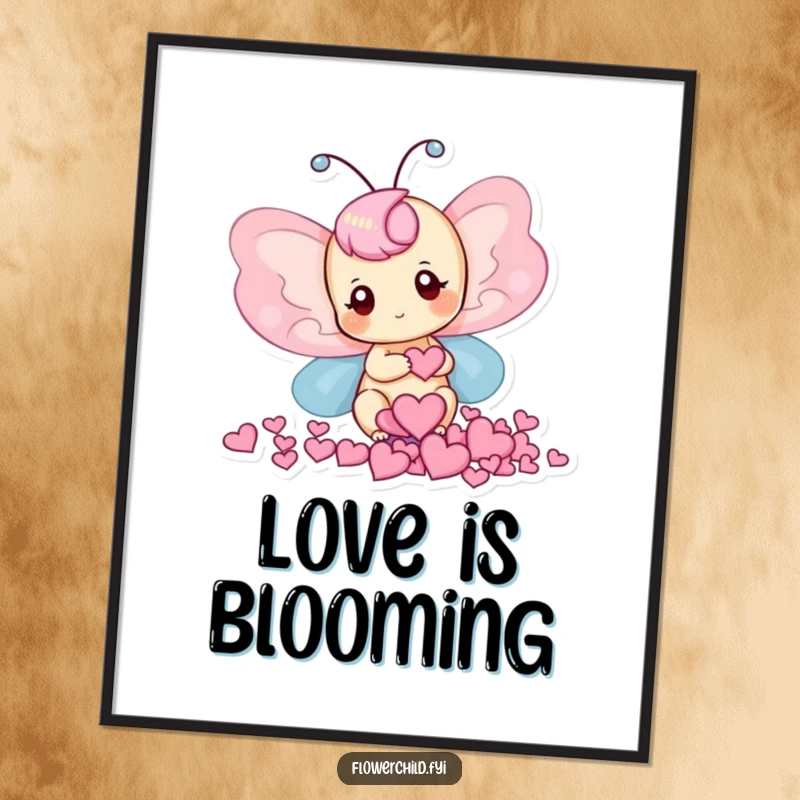 Funny poster illustrating a delightful butterfly collecting tiny heart-shaped petals, evoking romance and sweetness.