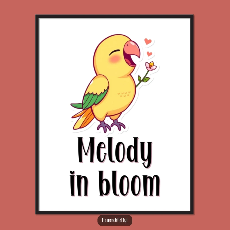 Funny Parrot Poster: Joyful Singing Parrot Flower Art Print Gift